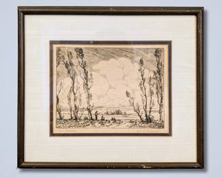 Leon Makielski, American, 1885-1974. A 20th century etching on paper landscape, titled "One Afternoon". Signed "Leon A. Makielski" lower right, titled lower left. Image 7 3/4 x 5 3/4" high, framed 11 1/4 x 12" high overall. Some wear to frame.