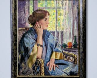 Leon Makielski, American, 1885-1974. A 1940s oil on canvas portrait of a woman attired in a silk kimono, sitting in a rattan chair situated in front of a parlor window, titled "Day Dreaming". Signed Leon A. Makielski lower left, titled with artist inventory number "1710" and additional title "Study in Blue" verso. Image 25 1/2 x 31 1/2" high, framed 30 1/4 x 37 1/4" high overall.
*Note: All works can be shipped, please contact us at 734-434-2660 or info@schmidtsantiques.com to request a shipping estimate.