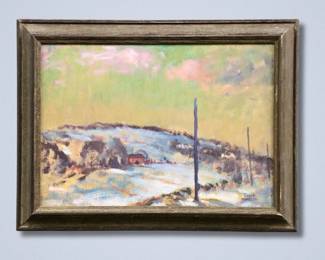 Leon Makielski, American, 1885-1974. A 1930s oil on Masonite Ann Arbor, Michigan, winter landscape featuring the artist's farm, titled “Winter at the Farm”. Signed “Leon A. Makielski” lower right, titled with artist inventory number "2213" verso. Image 13 1/2 x 9 1/2" high, framed 16 1/2 x 12 1/2" high overall.
*Note: All works can be shipped, please contact us at 734-434-2660 or info@schmidtsantiques.com to request a shipping estimate.