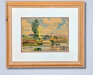 Leon Makielski, American, 1885-1974. A 1920s-1930s watercolor and pastel on paper Ann Arbor, Michigan summer landscape with a view of the Foster Bridge (Maple Road) over the Huron River. Signed "Leon A. Makielski" with artist inventory number "1204" lower right. Image 13 1/2 x 9 1/2" high, framed 23 x 19" high overall.
*Note: All works can be shipped, please contact us at 734-434-2660 or info@schmidtsantiques.com to request a shipping estimate.