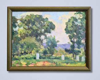 Leon Makielski, American, 1885-1974. A 1920s oil on wood panel Ann Arbor, Michigan, summer landscape with beehives viewed from the artist’s front porch, titled “The Beehives”. Signed “Leon A. Makielski” lower left, titled with artist inventory number "1025" verso. Image 11 3/4 x 8 3/4" high, framed 13 x 10" high overall.
*Note: All works can be shipped, please contact us at 734-434-2660 or info@schmidtsantiques.com to request a shipping estimate.