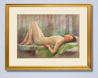Leon Makielski, American, 1885-1974. A 1940s-1950s pastel on paper portrait of a recumbent nude woman. Signed "Leon A. Makielski" with artist inventory number "2394" lower left. Image 21 3/4 x 16" high, framed 29 3/4 x 23 3/4" high overall.
*Note: All works can be shipped, please contact us at 734-434-2660 or info@schmidtsantiques.com to request a shipping estimate.