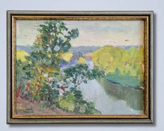 Leon Makielski, American, 1885-1974. A 1920s oil on artist board South Bend, Indiana, landscape with a view of Pinhook Park from the St. Joe River, titled “Pinhook”. Signed “Leon A. Makielski” lower left, titled with artist inventory number "953" verso. Image 11 1/2 x 8 1/2 high, framed 13 x 10" high overall.
*Note: All works can be shipped, please contact us at 734-434-2660 or info@schmidtsantiques.com to request a shipping estimate.
