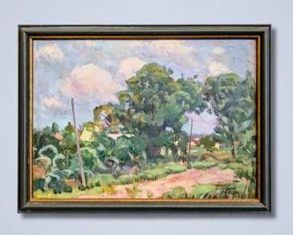 Leon Makielski, American, 1885-1974. A 1923 oil on artist board Ann Arbor, Michigan, summer landscape, titled “Country Road”. Signed “Leon A. Makielski” lower right, titled and dated “July 30, 1923” with artist inventory number "1156" verso. Image 13 1/2 x 9 1/2" high, framed 15 1/4 x 11 1/4" high overall.
*Note: All works can be shipped, please contact us at 734-434-2660 or info@schmidtsantiques.com to request a shipping estimate.