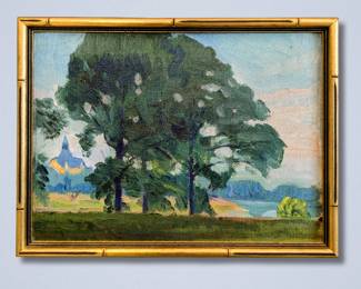 Leon Makielski, American, 1885-1974. A 1920s-1930s oil on artist board South Bend, Indiana, summer landscape with a view of three trees in front of St. Mary's and the St. Joe River. Signed “L.A. Makielski” lower right, titled with artist inventory number "2150" verso. Image 11 3/4 x 8 1/2" high, framed 13 x 9 3/4" high overall.
*Note: All works can be shipped, please contact us at 734-434-2660 or info@schmidtsantiques.com to request a shipping estimate.