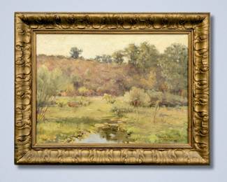 Leon Makielski, American, 1885-1974. A 1907-1908 oil on artist board Oregon, Illinois, valley landscape, titled "The Glen". Signed "Leon A. Makielski" with artist inventory number "349" lower right, additionally numbered and titled with original paper label verso. Image 21 1/2 x 15 1/2" high, framed 27 1/2 x 21 1/2" high overall. Canvas relined, lower left corner of frame repaired.
*Note: All works can be shipped, please contact us at 734-434-2660 or info@schmidtsantiques.com to request a shipping estimate.