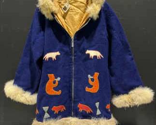Vintage Canadian InuitEskimo Blanket Wool CoatParka Appliqu W Coyote Fur Medium