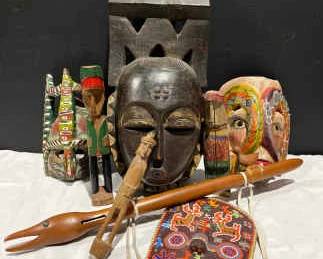 Items from Around the World Mexican Mask, Ivory Coast Yaour Mask, American Indian Flute, Etc,