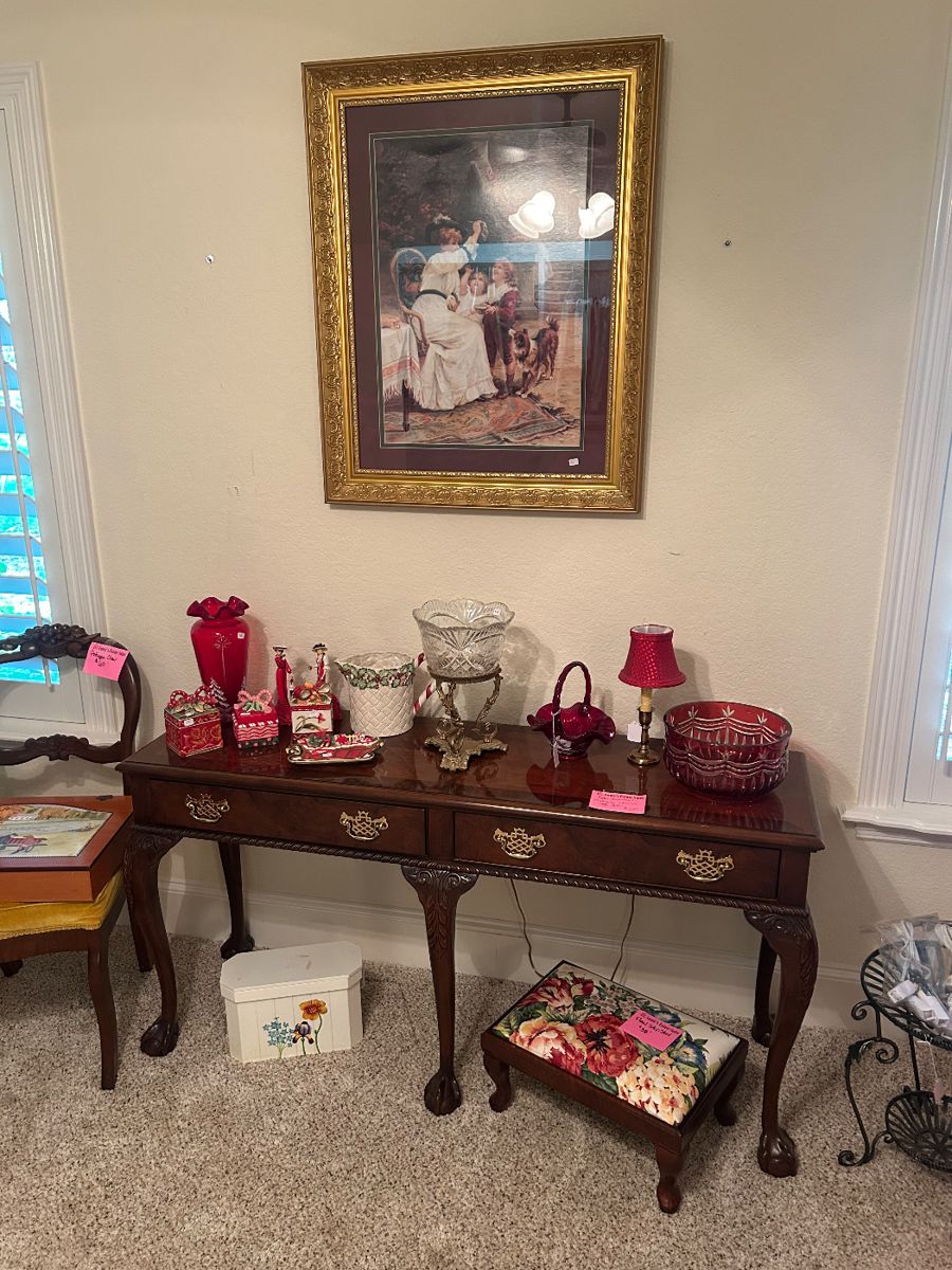 Mahogany sofa table, Fitz and Floyd, foot stool