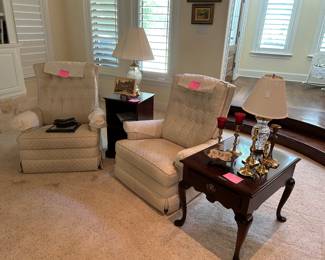 Lamps, end tables, brass candlesticks