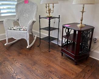 Brass lamps, wicker rocker, metal plant stand, 2 tier table