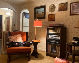 PETITE DROP LEAF SIDE TABLE LAMP, STEREO EQUIPMENT ALL WORKING & SOUNDS WONDERFUL WITH THE SPEAKERS THAT ARE ALSO AVAILABLE. OVER 53 ALBUMS TO CHOOSE FROM. HUNTING THEMED WALL ART. OVER 50 CAPS