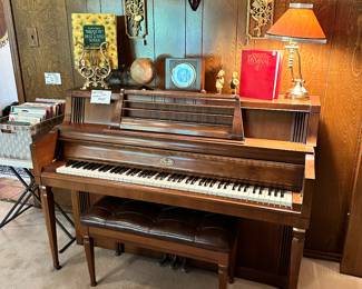 Wurlitzer Piano with Bench, Clock, Lamp, Sheet Music, Decor