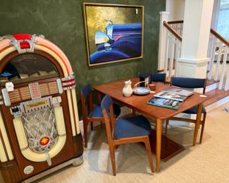 Wurlitzer 1015-CD Jukebox, Tom Hale Lincoln Car Painting, MCM Swedish Dining Table