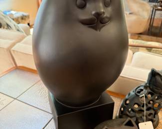 Richard Recchia Style Cat Statue, Signed Ceramic Candle Holder, Cast Iron Candle Holder