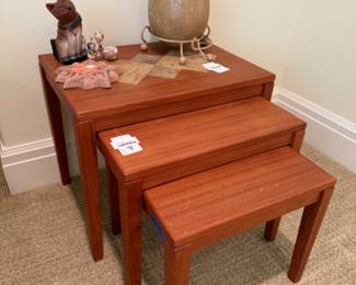 Danish Nesting Tables, Ceramic Cat Sculpture
