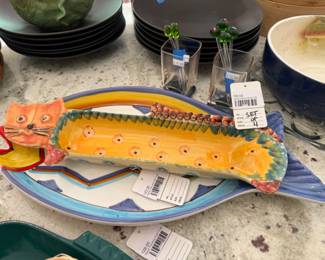 Hand Painted Fish Tray, Hand Painted Cat Tray, Glass Olive Picks (4)