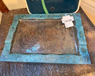 Glass Tray with Decorative Blue Edge