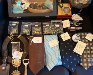 Robert Frost Boxed Compass, Sergio Bustamante Metal Sculpture, Jaguar Ties, Signed Golf Balls, Giorgio Armani Ties