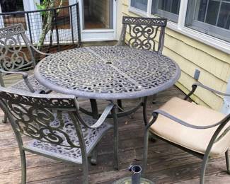cast aluminum round outdoor table and 4 chairs, umbrella stand
