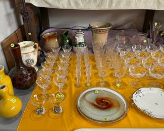 Pottery, Vintage glass wear, hand blown plate, tea pot.