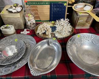 2 pieces of Coral. Mirrored tray. 4 pewter serving pieces.