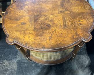 MCM burl wood end table w/cane bottom.