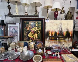 24 lamps total. Coral, coffee maker, pewter pieces, salt and pepper shakers, Mid century modern painting of Paris. "The Quail" with certificate.