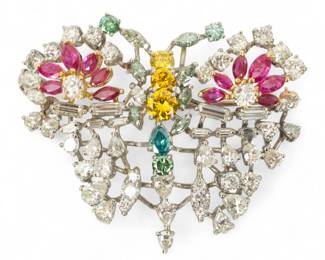 Lot 2 | Green, Blue, Yellow and White Diamond, Ruby and Platinum Butterfly Brooch