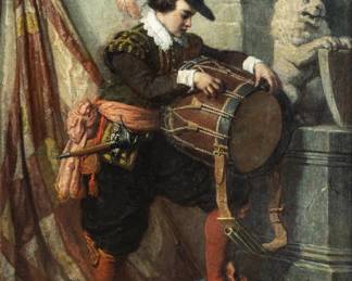 Lot 1048 | Victor Eeckout (Belgian, 1821-1879) Oil on Beveled Mahogany Panel, Ca. 1860, 'Drummer Boy' H 23" W 18"