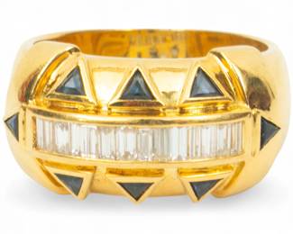 Lot 4 | Diamond and Sapphire 18k Yellow Gold Man's Ring, Size 10 1/2 15.9g