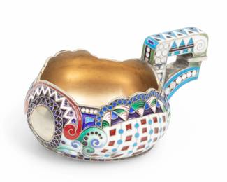 Lot 55 | Russian Enameled Sterling Silver Kovsh H 1.8" W 2.5" Depth 4" 4.1t oz
