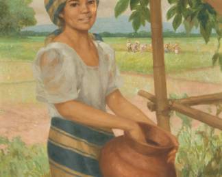 Lot 1002 | Fernando Amorsolo (Filipino, 1892-1972) Oil on Canvas, 1967, 'Young Woman with Banga' H 30" W 26"