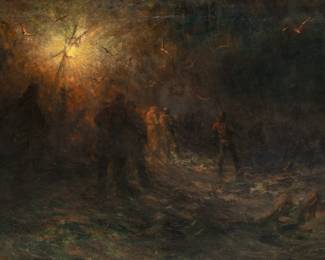 Lot 1044 | Robert Hopkin (American, 1832-1909) Oil on Canvas, 19th C., 'Net Hauling by Lamplight' H 33" W 49.5"