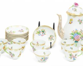 Lot 46 | Herend Porcelain Manufactory (Hungarian) 'Queen Victoria' Porcelain Coffee Service Set H 8.8" W 4.5" Depth 7" 18 PCS