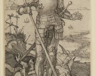 Lot 1033 | Albrecht Durer (German, 1471-1528) Engraving on Off-white Laid Paper Without Watermark, Ca. 1502 (Later Imp), 'St. George on Foot with Dragon'
