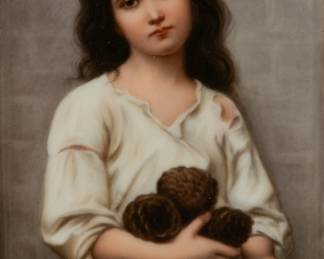 Lot 42 | After Charles Landelle Porcelain Plaque 1900, 'Girl with Pinecones' H 6" W 4"