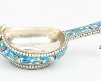 Lot 56 | Russian Enameled Sterling Silver Kovsh H 1.6" W 2.8" L 5" 3.1t oz