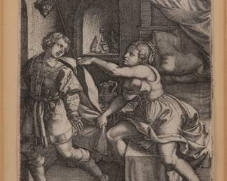 Lot 4017 | Georg Pencz (German, 1500-1550) Copper Engraving on Laid Paper, Ca. Mid 16th C., 'Joseph And Potiphar's Wife' H 4.5" W 3.1"