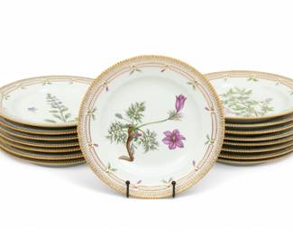 Lot 43 | Royal Copenhagen (Danish) Flora Danica Painted Porcelain Dinner Plates Dia. 10" 16 PCS