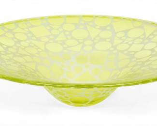 Lot 87 | Stephanie Teufel, Round Chartreuse Sandblasted Art Glass Bowl, 1992, H 3" Dia. 13.75"