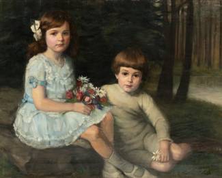Lot 1049 | Vicky Zaeslein-Benda (German, 1870-1923) Oil on Canvas, 'Portrait of Siblings' H 32" W 44"