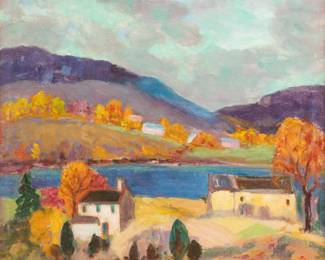 Lot 1005 | Fern Isabel Coppedge (American, 1883-1951) Oil on Canvasboard, 'Autumn on the Delaware' H 12" W 12"