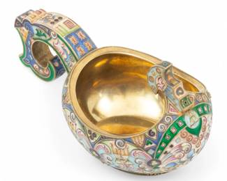 Lot 54 | Russian Enameled Sterling Silver Kovsh H 2" W 2.3" Depth 4" 3.2t oz