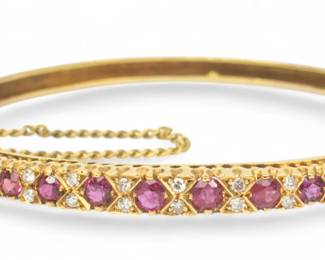 Lot 15 | Ruby, Diamond And 14K Gold Bangle Bracelet W 2.2"