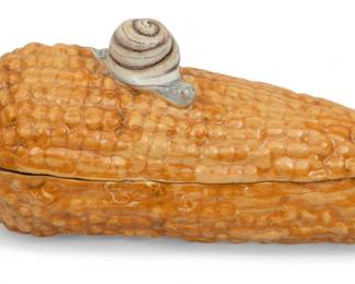 Lot 49 | Majolica Glazed Pottery Covered Box, Corn Cob with Snail, 19th C. H 3.8" W 3" Depth 8.3"