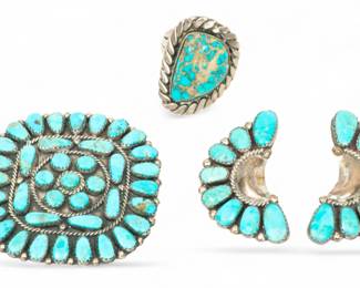 Lot 24 | Navajo Turquoise and Silver Brooch, Earrings, Ring 44g 4 PCS