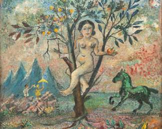 Lot 1004 | David Davidovich Burliuk (Russian-American, 1882-1967) Oil on Canvas, 'Eve in the Apple Tree' H 19" W 15.3"