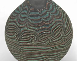 Lot 91 | Bill Poceta (American, Michigan, 20th/21st C.) Blown Glass Blue & Black Swirl Vase H 7.8" W 6.5" Depth 3"