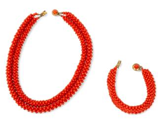 Lot 23 | Coral Bead Necklace and Bracelet L 15.5" 88g 2 PCS